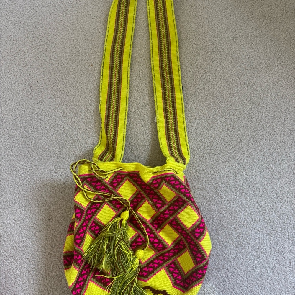 Vibrant Yellow and Pink Woven Mochila Wayuu Colombian Bag